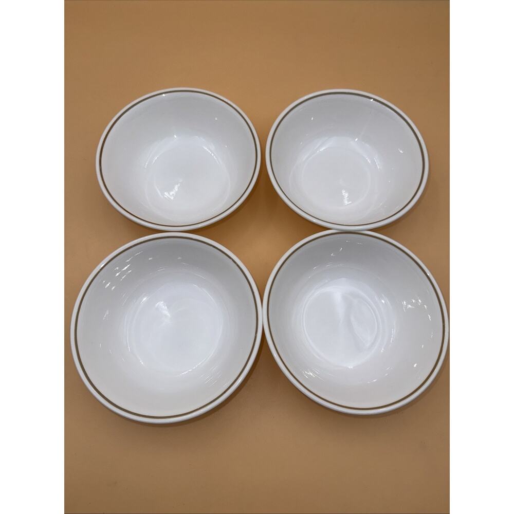 4 Corelle CEREAL BOWLS Harvest Home WHITE Orange Brown Stripe Band 6 1/4” SOUP